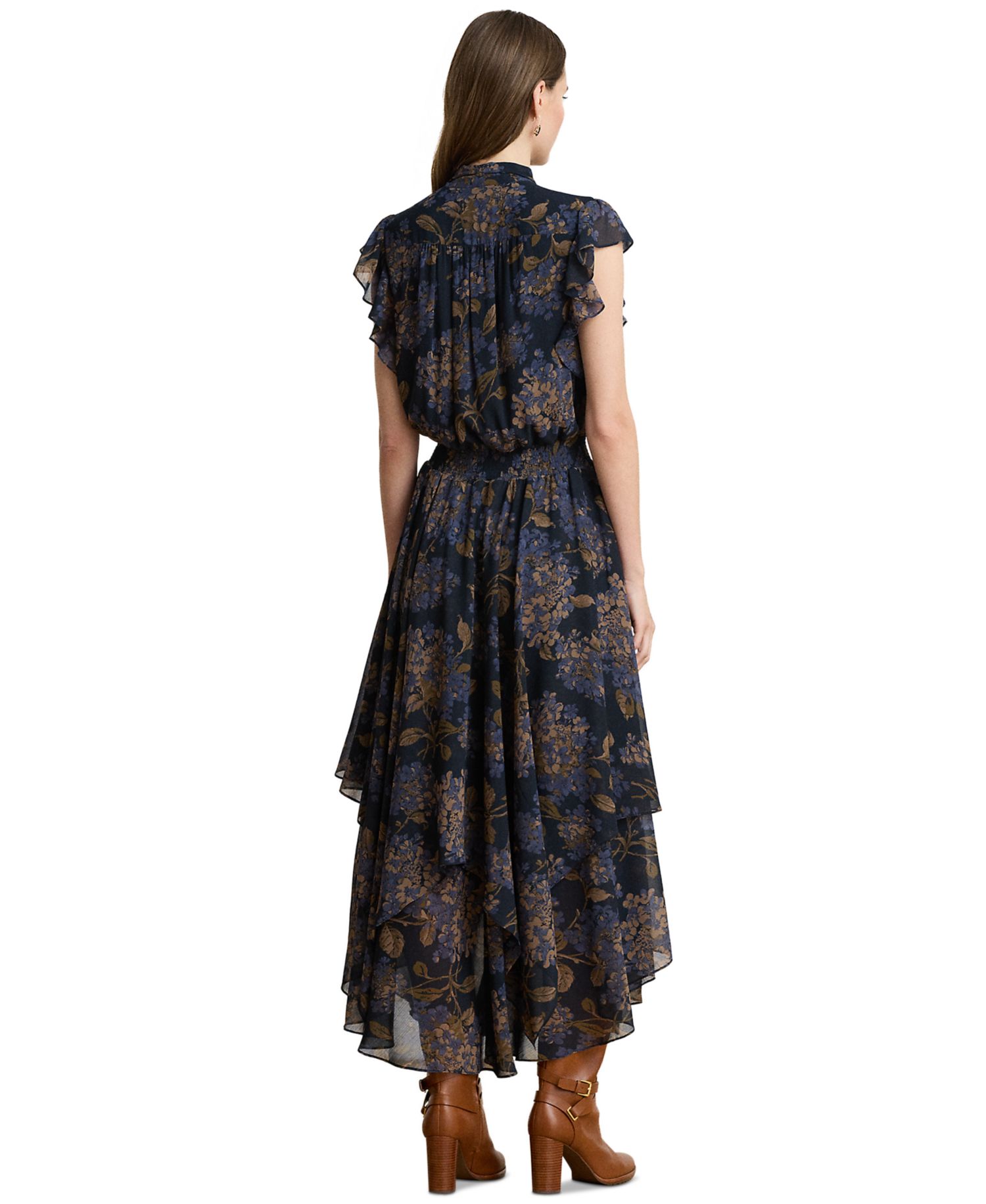 Petite Floral Crinkle Georgette Tie-Neck Midi Dress