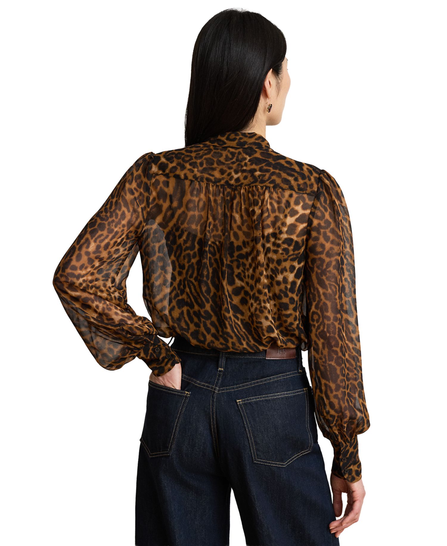 Petite Ocelot-Print Chiffon Tie-Neck Blouse