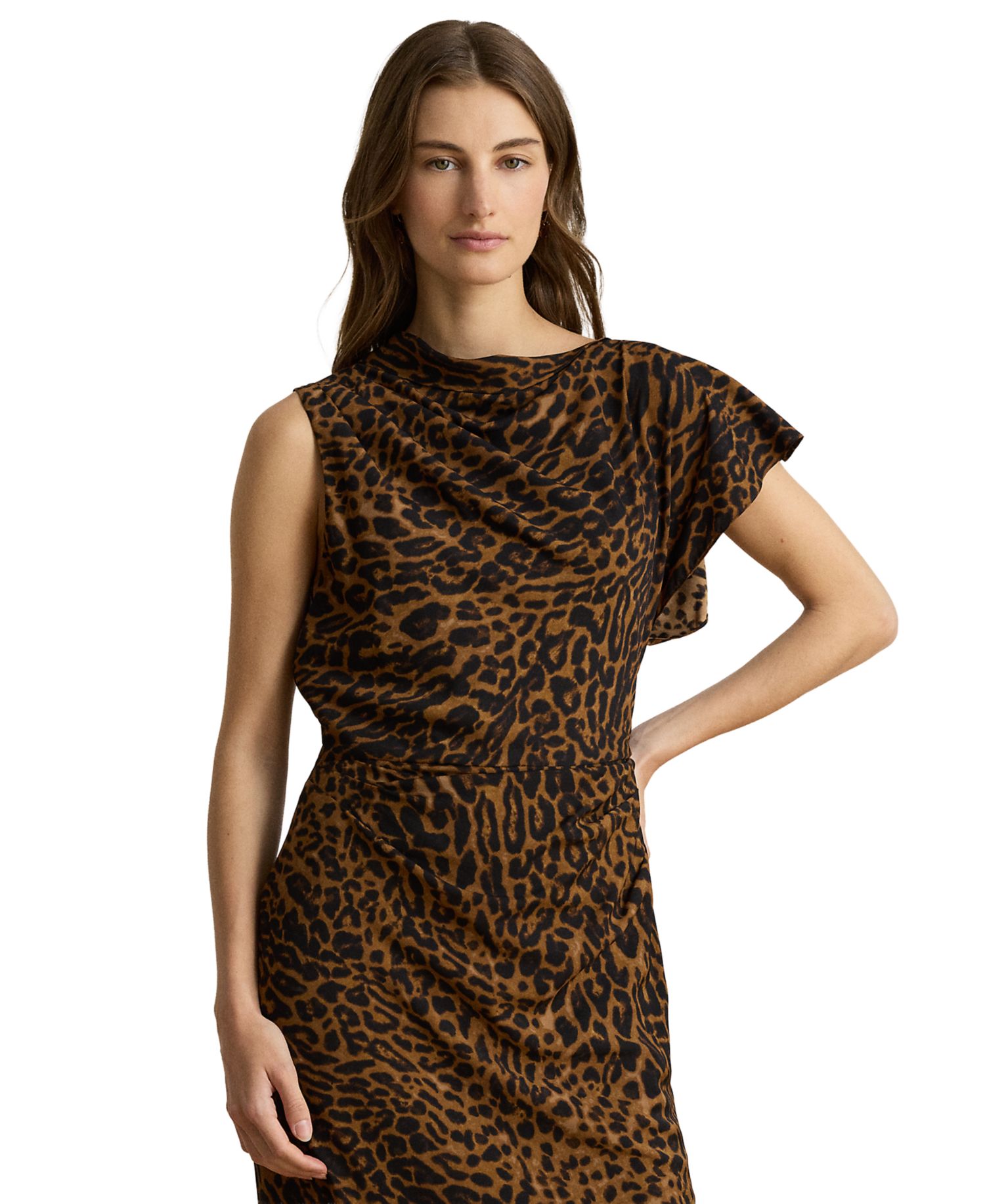 Petite Asymmetrical Neck Ocelot-Print Pleated Crepe Dress