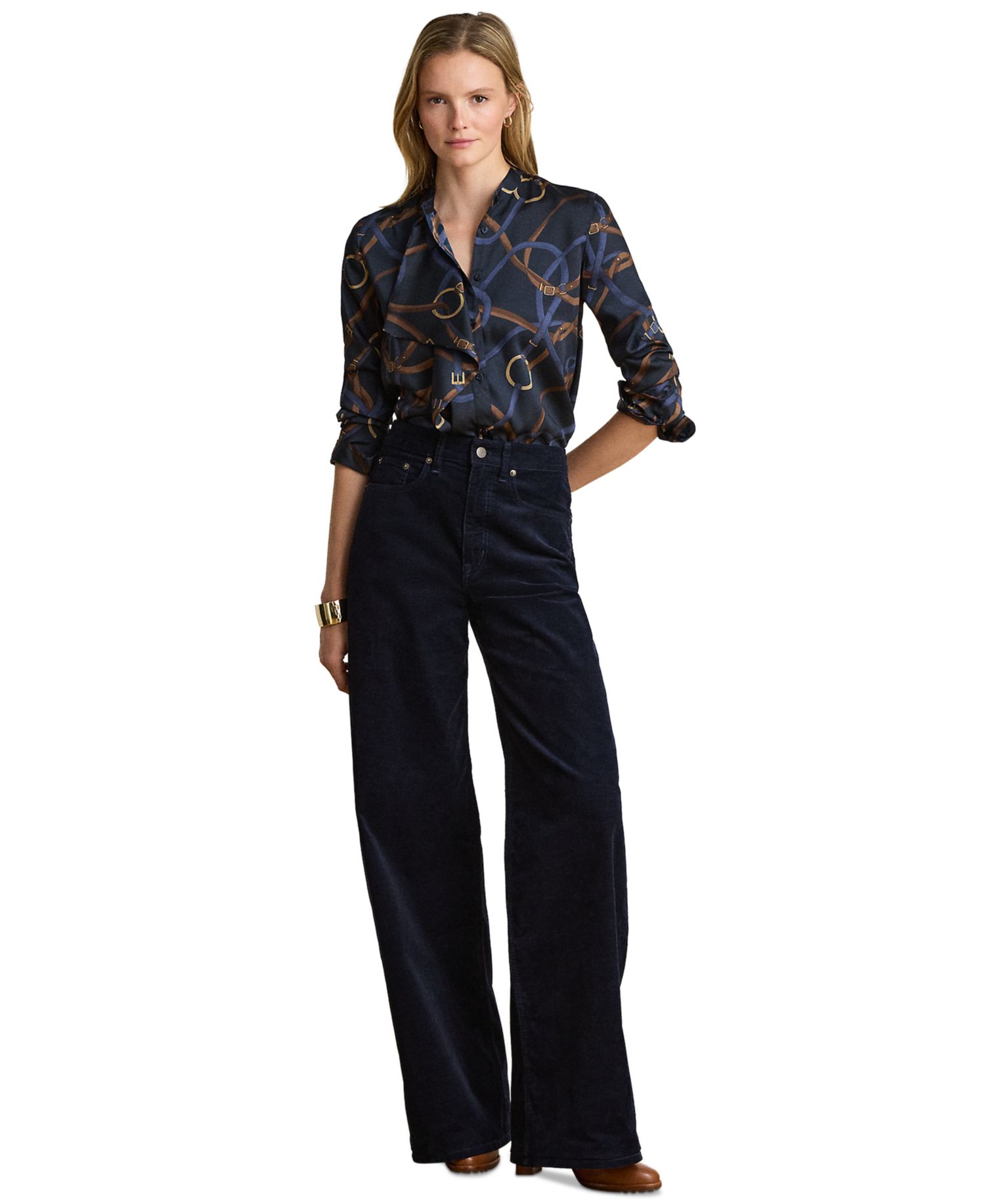 Petite Belting-Print Ruffle-Trim Twill Shirt
