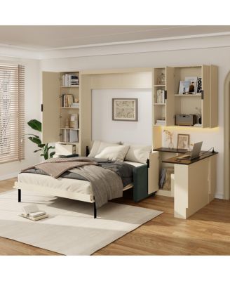 Queen Murphy Bed with Sofa Storage LED and USB Cream