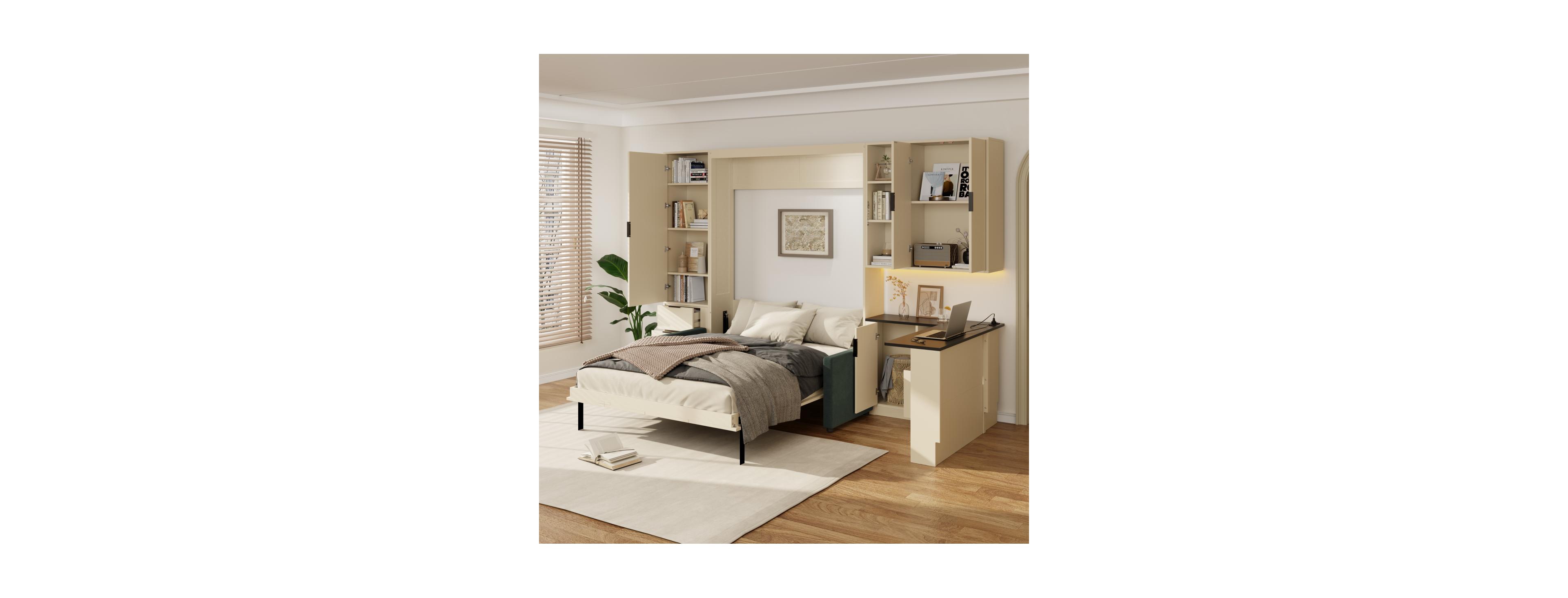 Streamdale Furniture Queen Murphy Bed with Sofa Storage Led and Usb Cream