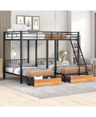Full Over Twin and Twin Metal Triple Bunk Bed with Drawers