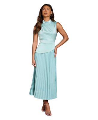 Women's High Neck Pleated Midi Dress
