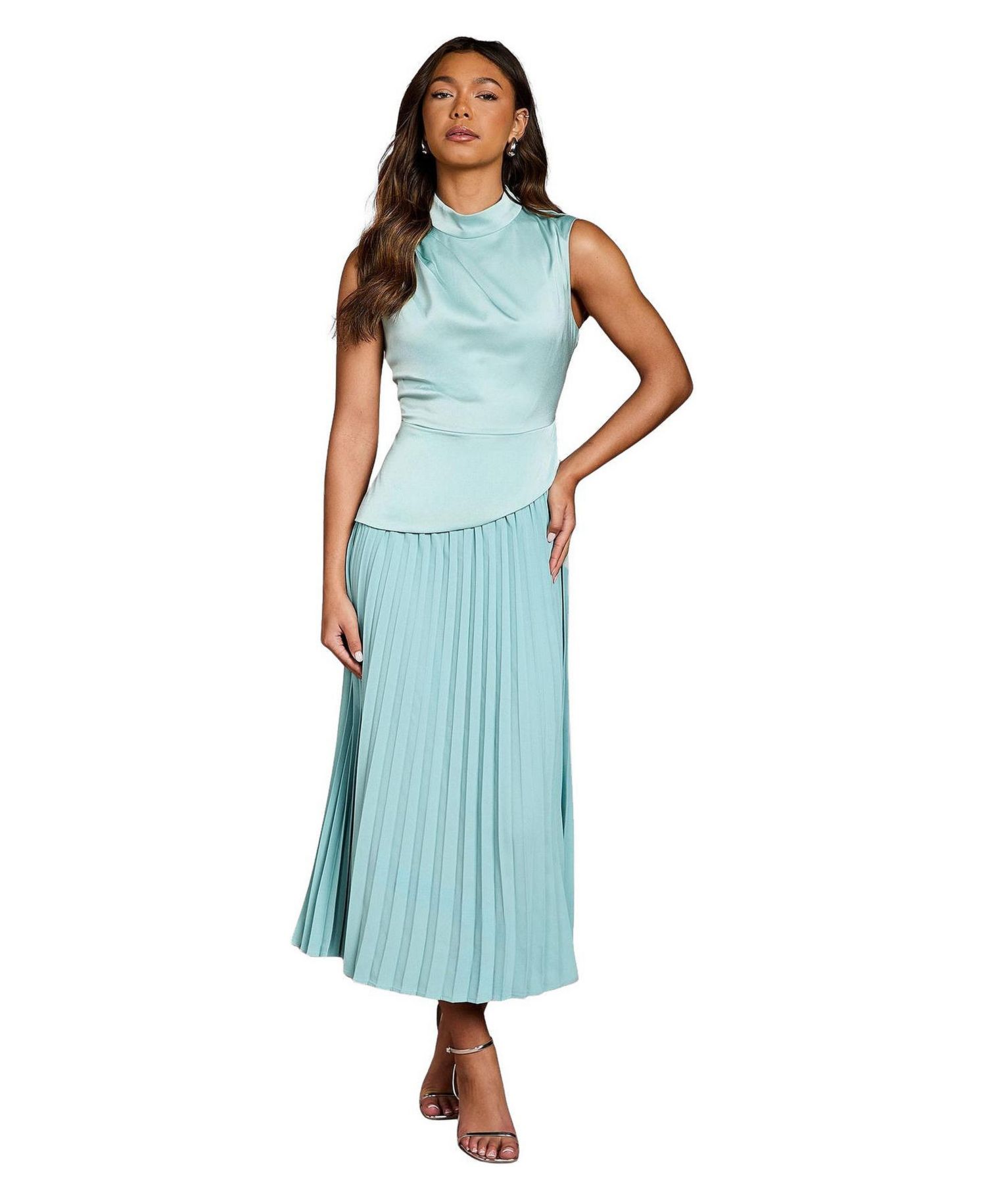 Women's High Neck Pleated Midi Dress