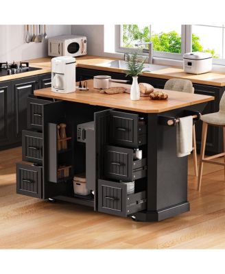 56'' Kitchen Island with Drop Leaf Power Outlet 6 Drawers and Rolling Wheels