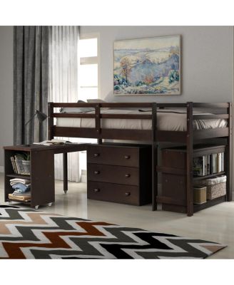  Low Study Twin Loft Bed with Cabinet and Rolling Portable Desk