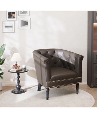 Faux Leather Barrel Accent Chair – Tufted Back with Nailhead Trim, Comfy Upholstered Bucket Chair for Living Room Bedroom Home Office