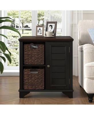 End Table Side Table with a shutter style design.With two woven grass baskets