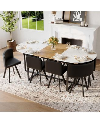 9-Piece Oval Faux Marble Dining Table Set with 8 PU Leather Chairs