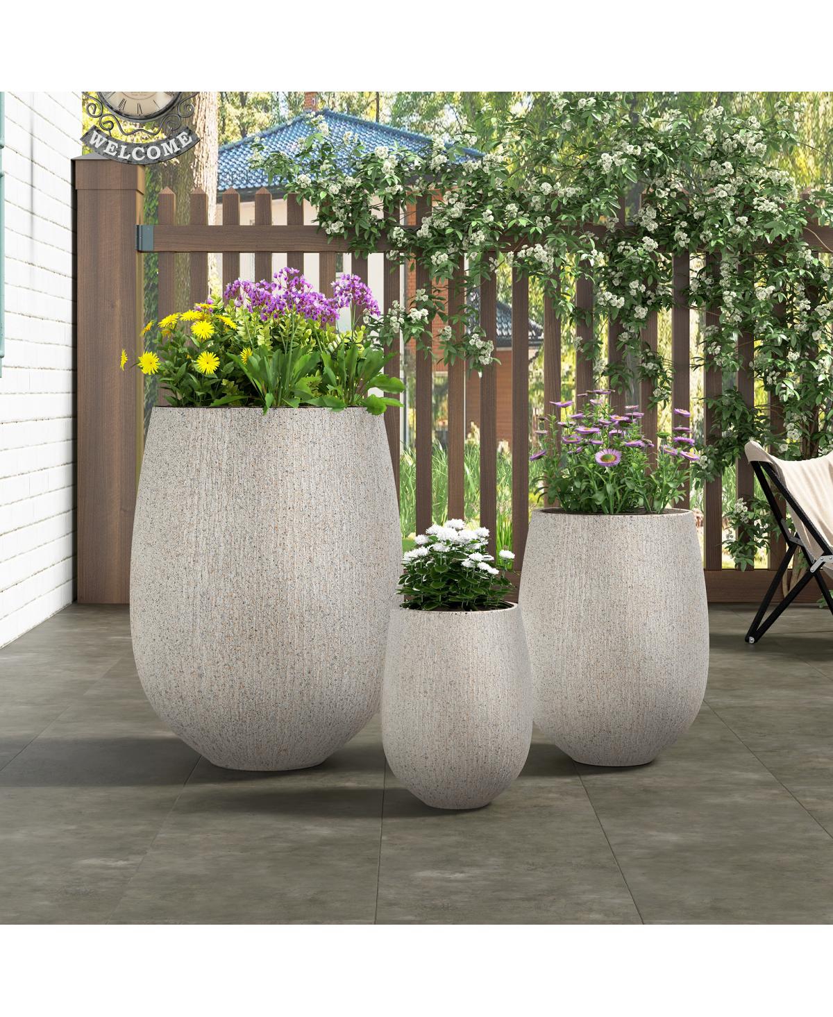Streamdale Furniture Egg-Shaped Mgo Outdoor Planter Set of 3 Stone-Look Pots with Drainage