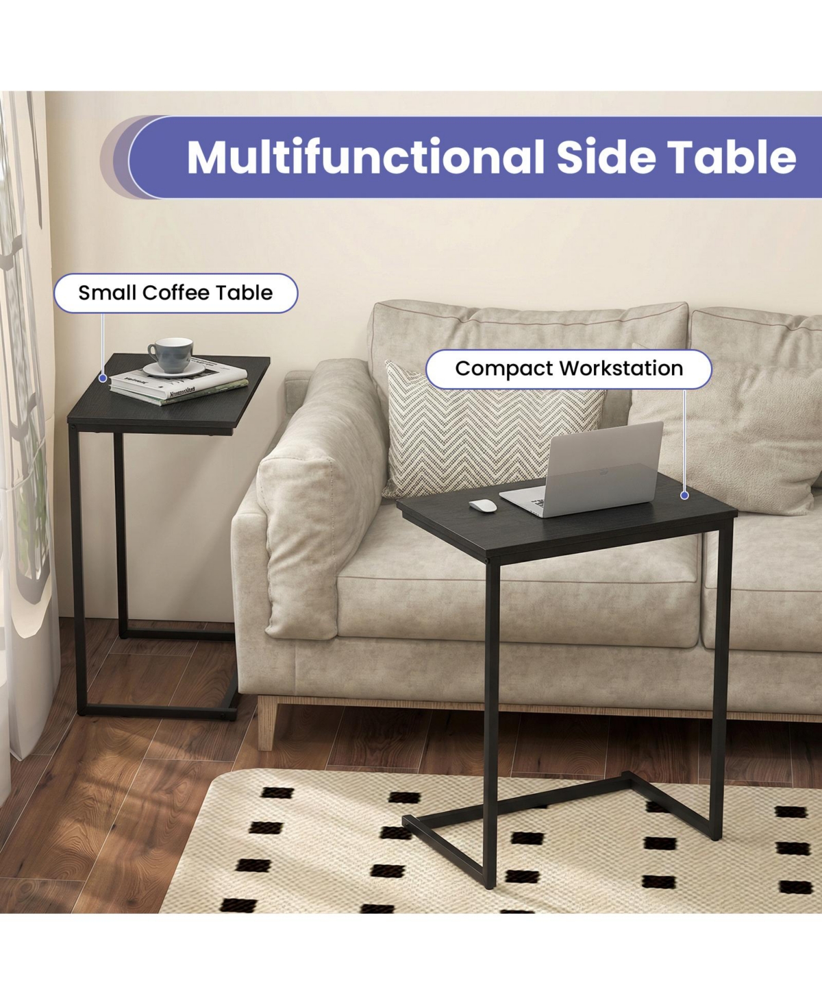 Gymax C-shaped End Table Vintage Accent Couch Table w/ Heavy-duty Metal Frame