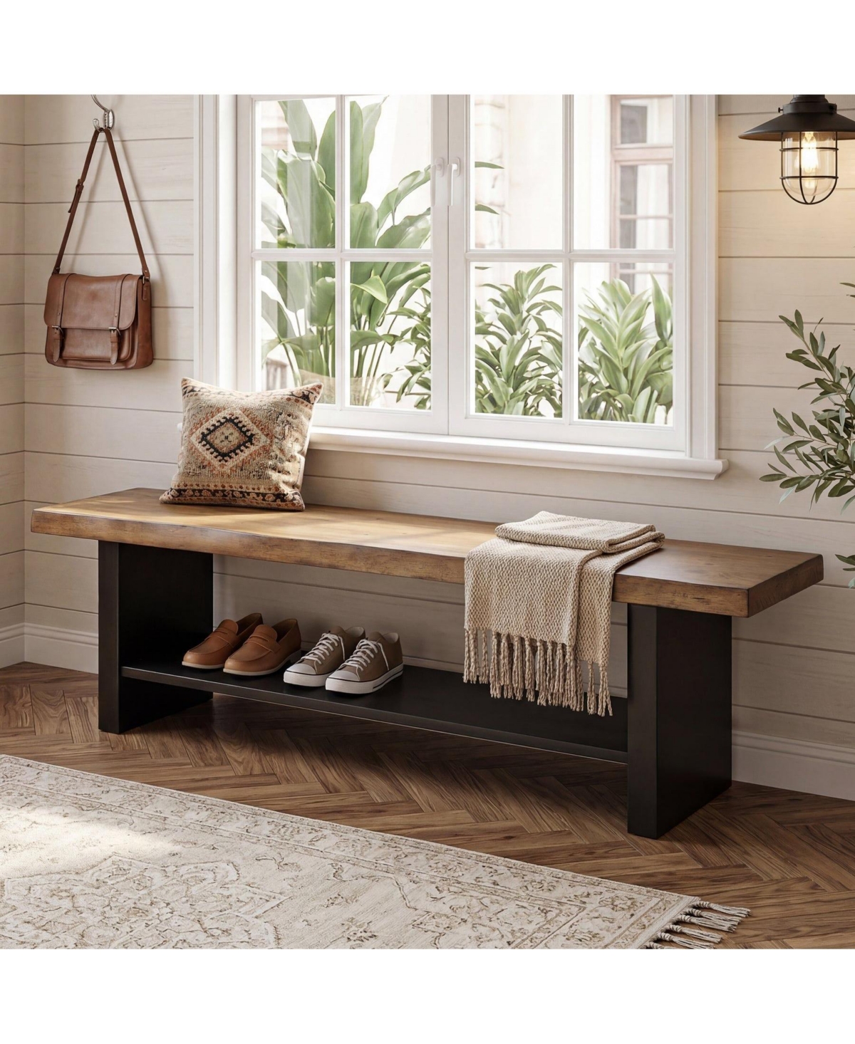 Slickblue 55" Wooden Entryway Bench with Open Shoe Storage Shelves