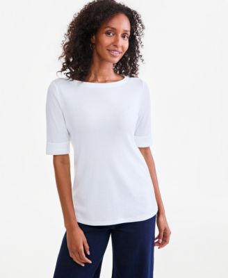 Women's Boat-Neck Elbow Sleeve Cotton Top