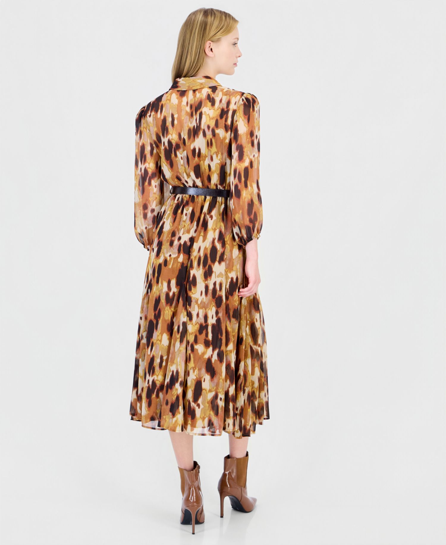 Women's Long-Sleeve Belted Midi Shirt Dress