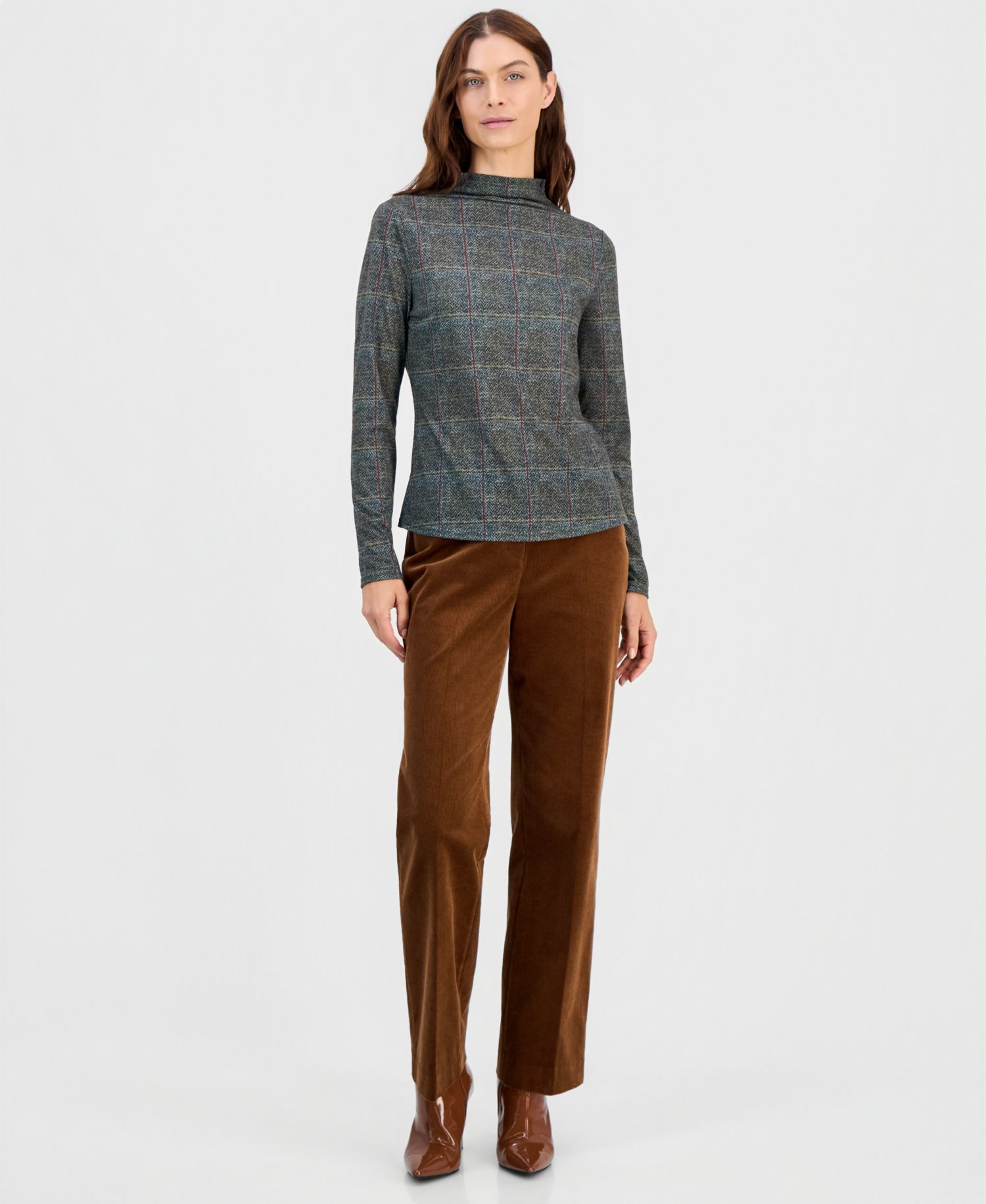Women's Mock-Neck Plaid Top