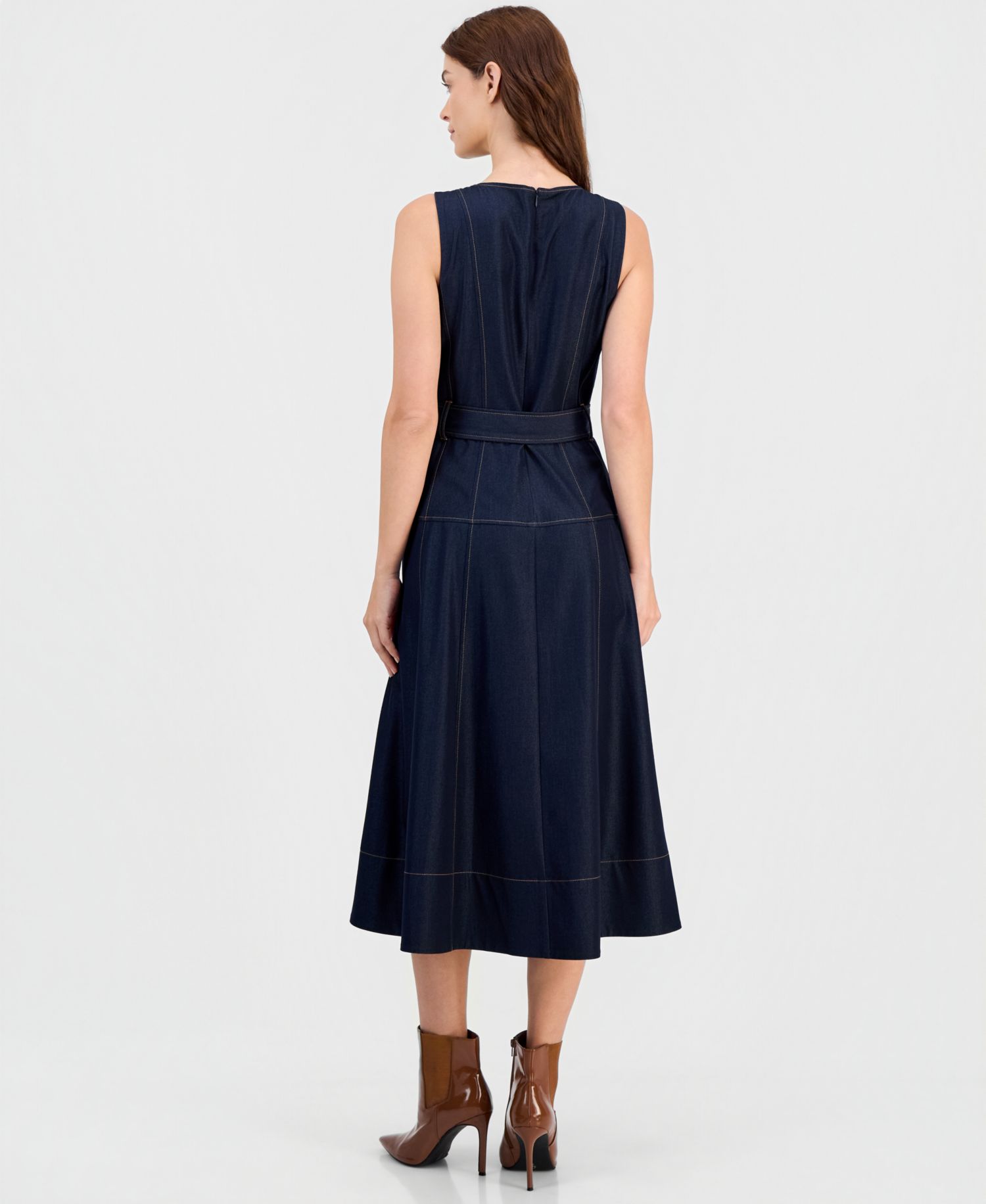 Women's Button-Front Belted Fit and Flare Midi Dress