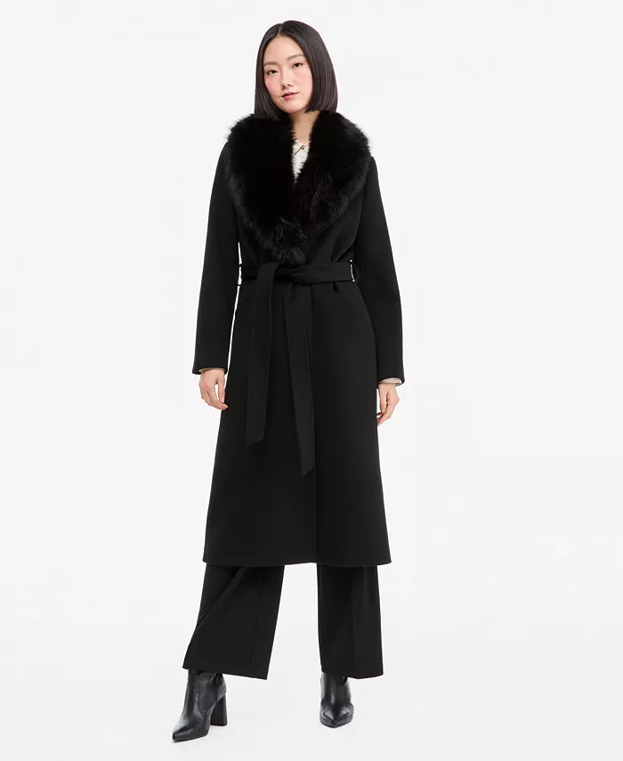 Women's Belted Faux-Fur Trimmed Wrap Coat