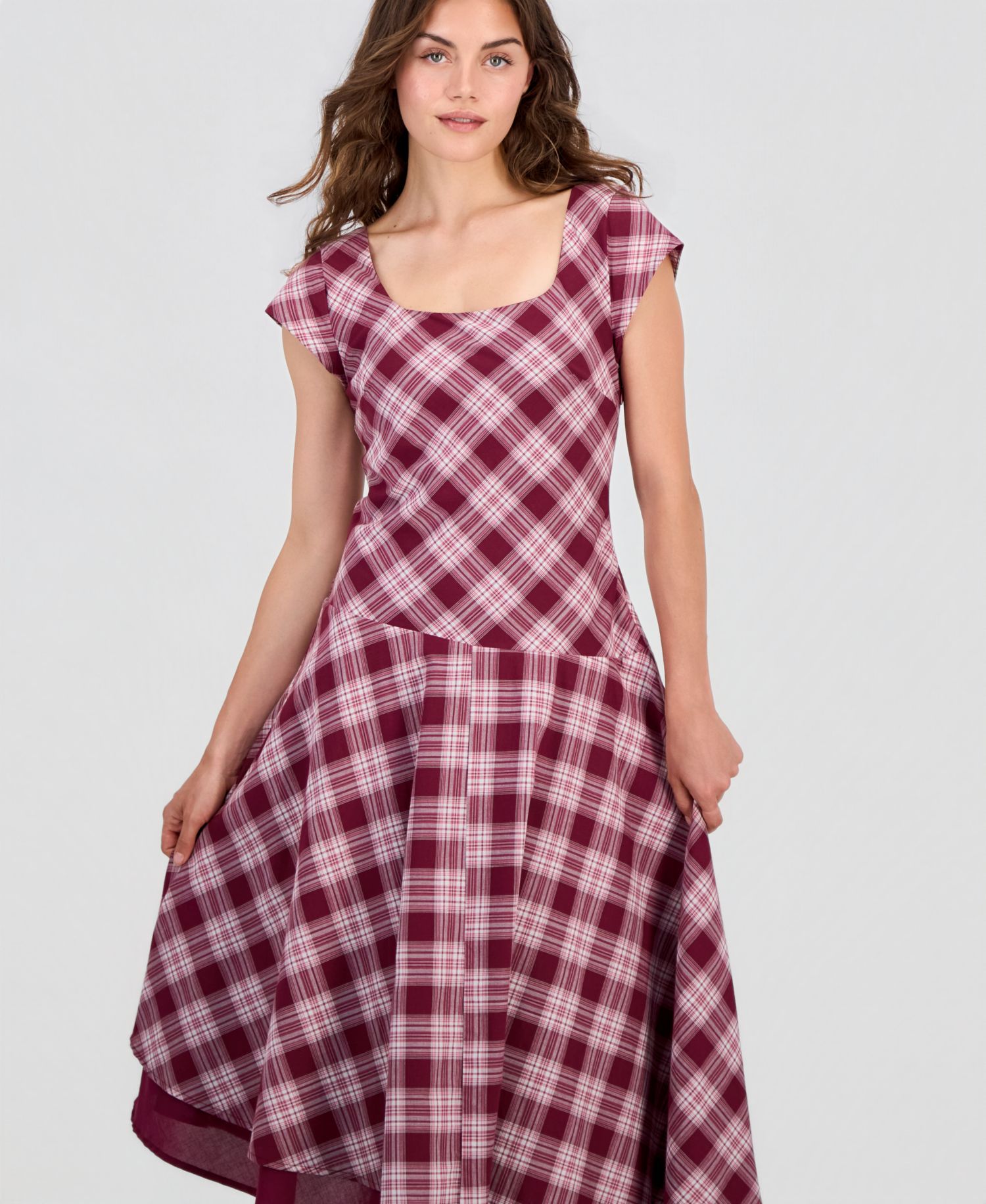 Petite Plaid Asymmetrical Short-Sleeve Maxi Dress