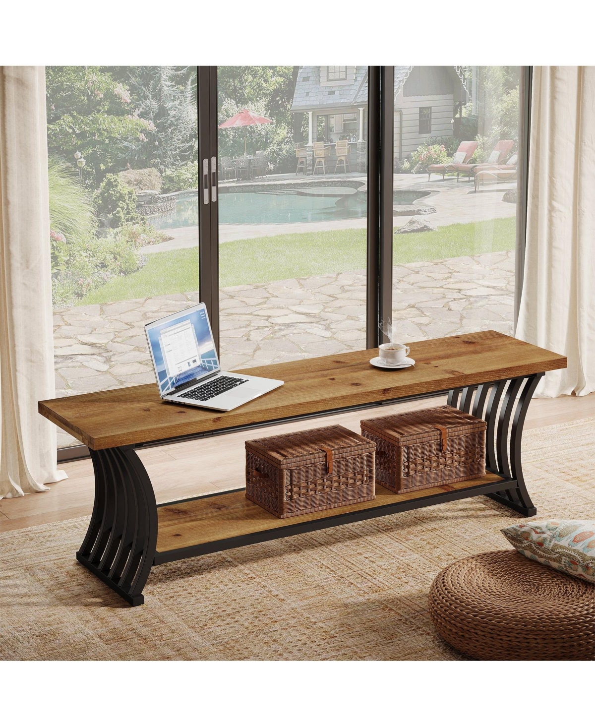 Slickblue 55" Wood Entryway Bench with Shoe Storage Shelf