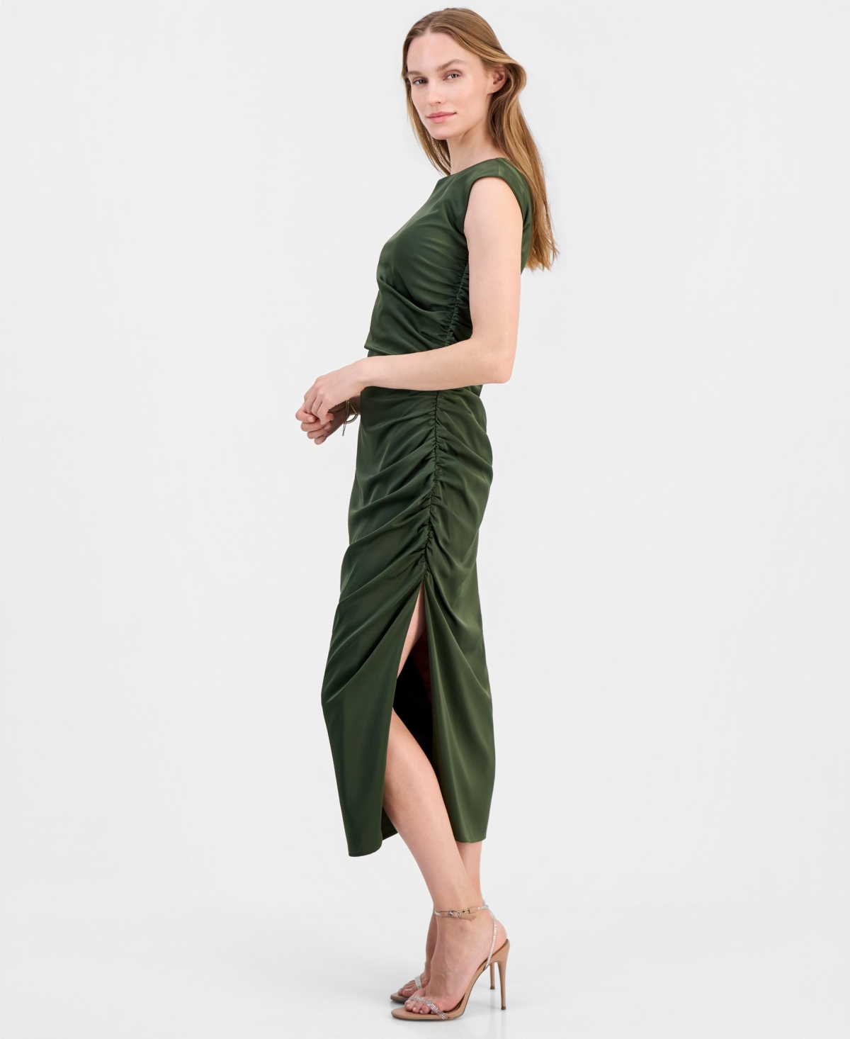 Lulus Women's Felicity Ruched Satin Side Slit Midi Dress
