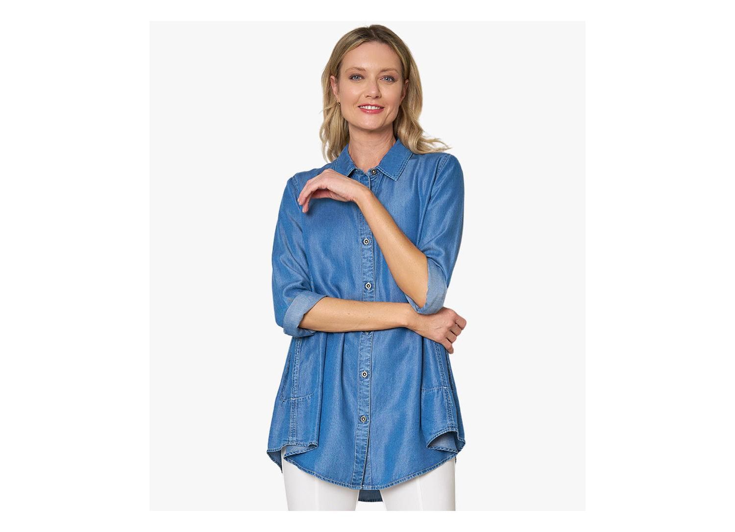 Women's Collared Denim Long Sleeve Button-Front Prime Time Tunic