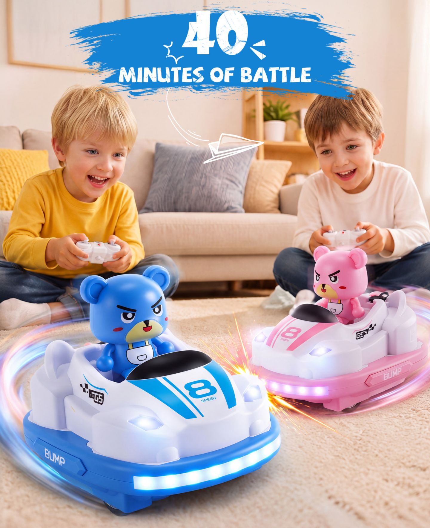 Детские игрушки SUGIFT RC Bumper Cars Toys 2 Pack Kids LED Battle Set with Pop Up Figures, цвет: Розовый / Синий — фото 9