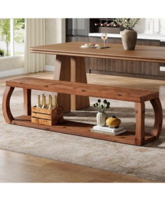 2-Tier Solid Wood Dining Bench,59"Long Farmhouse Entryway Bench with Open Shelves,Rustic Storage Wooden Seating