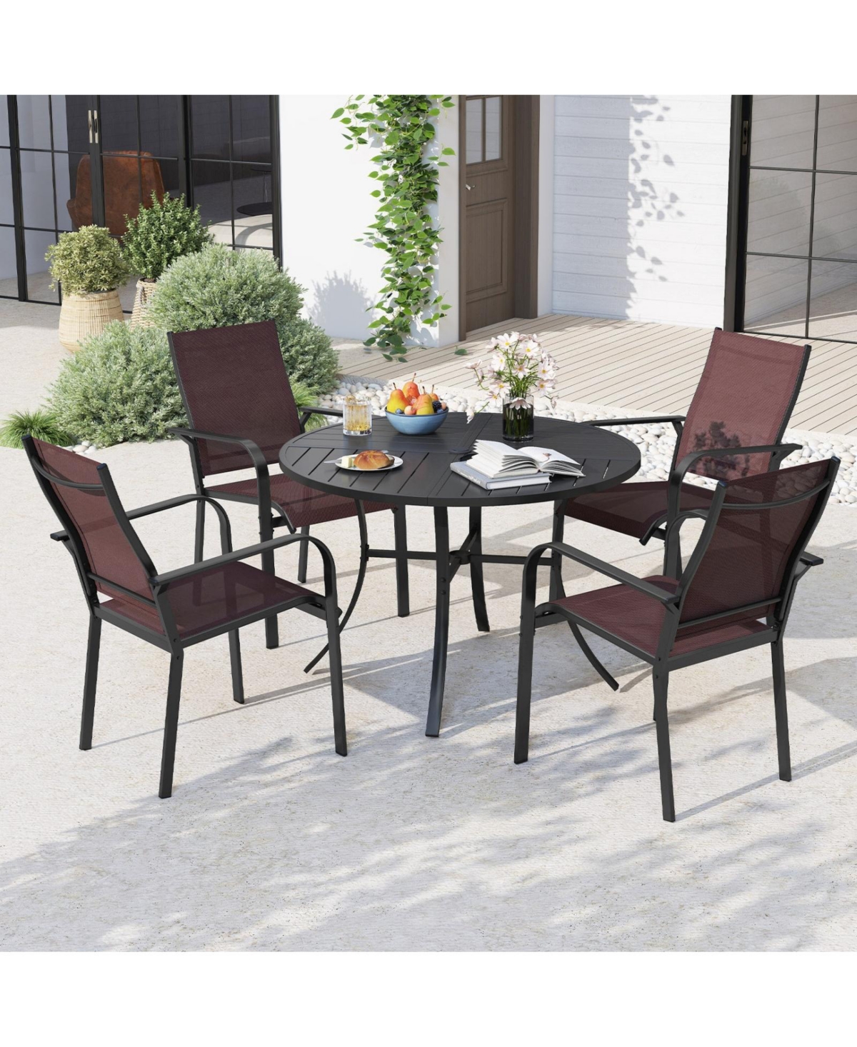 Sugift 5 Piece Patio Dining Set with 42.5 in Round Metal Table and Four Stackable Chairs