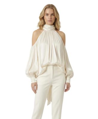 Women's High-Neck Cold-Shoulder Draped Blouse