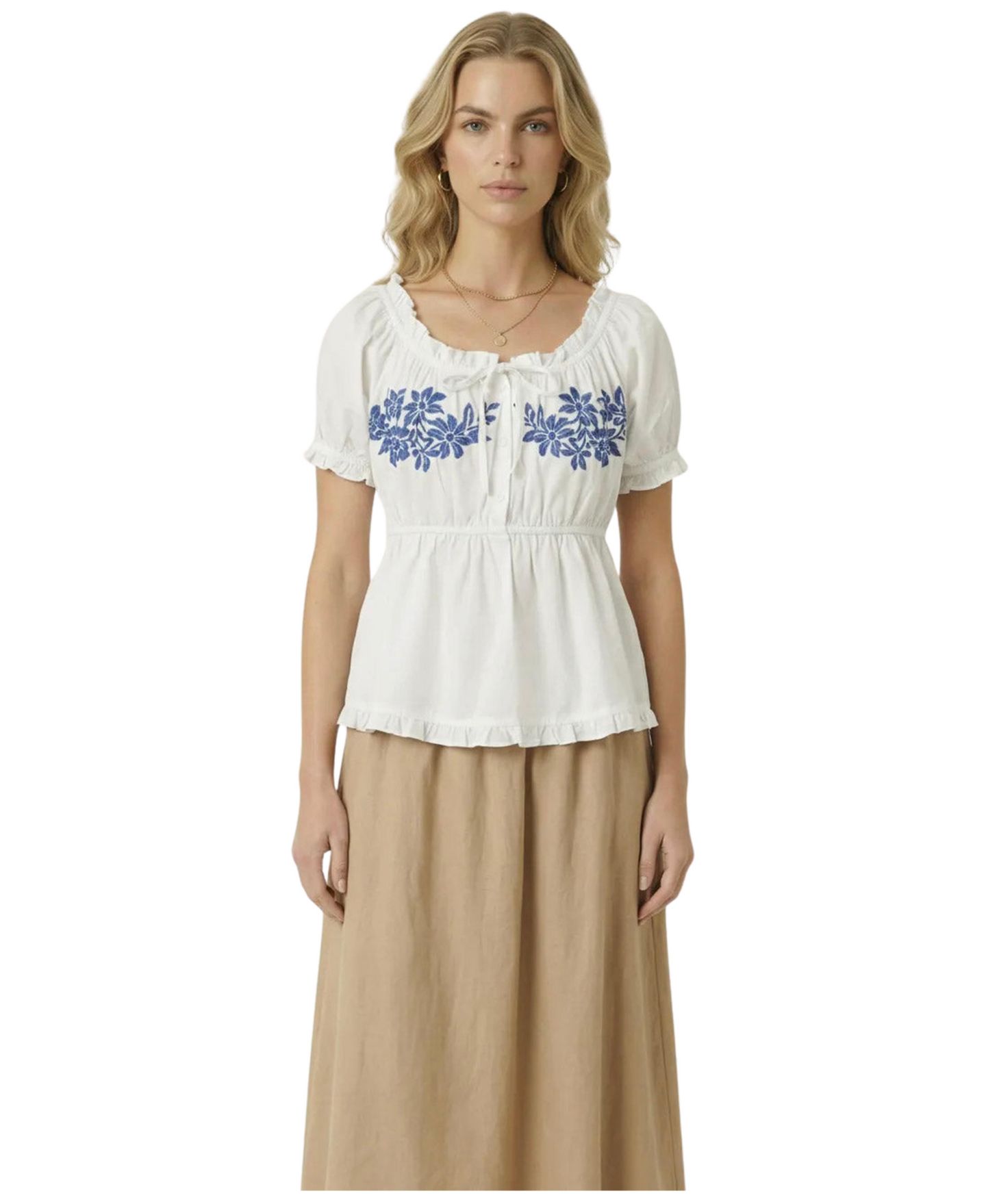 Женская блузка Modenaire Embroidered Peplum Ruffle-Trim, цвет: Белый — фото 1