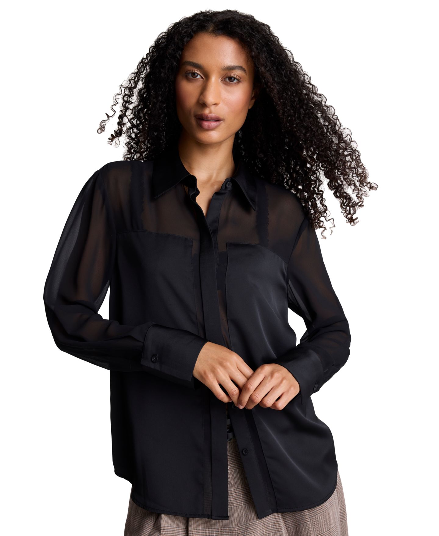 Женская рубашка Kenneth Cole Long Sleeve Button Front Satin Shirt with Sheer Yoke, цвет: Чёрный — фото 2