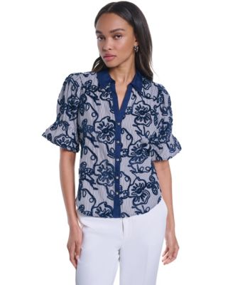Women's Velvet Embroidery Button-Front Blouse