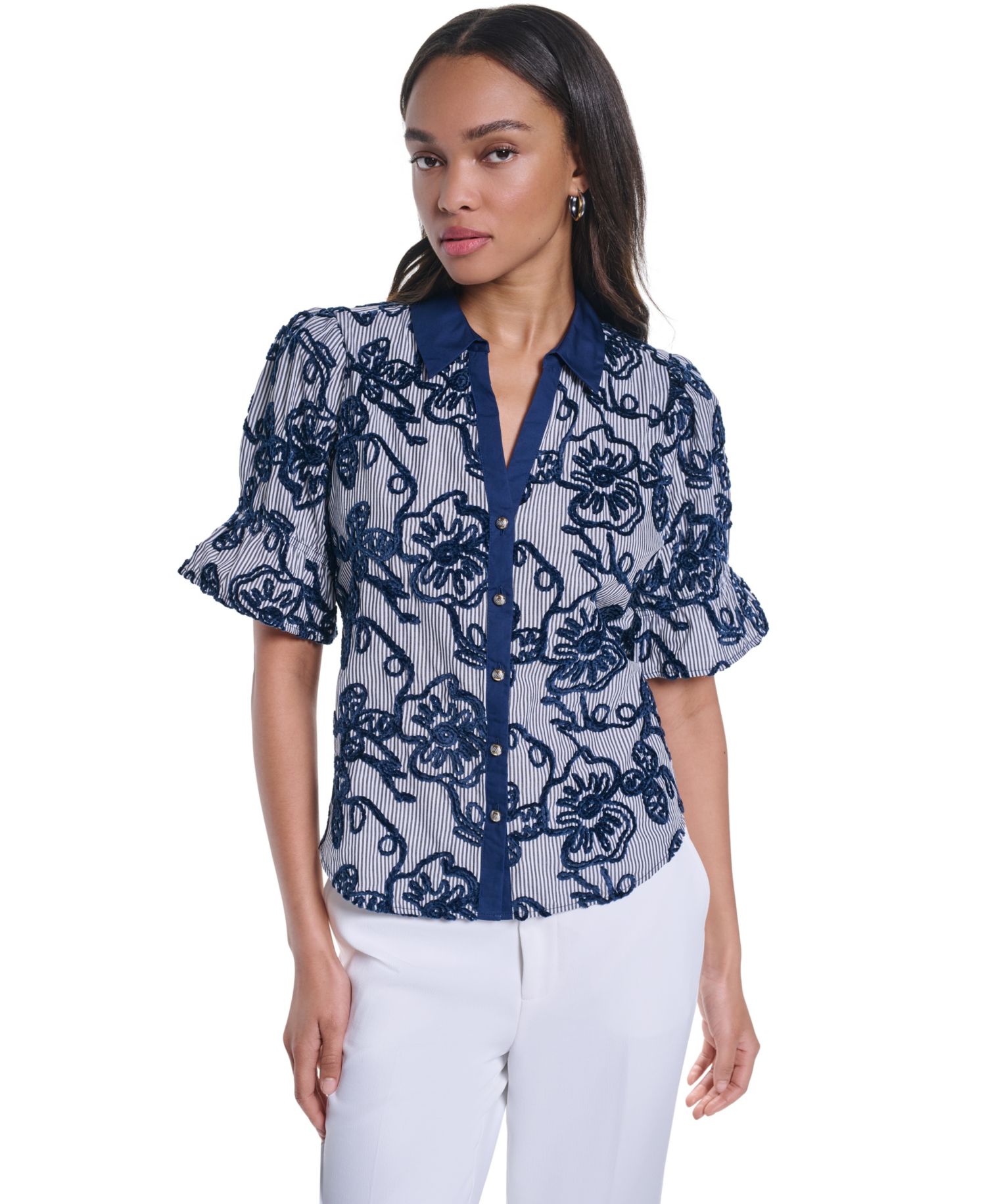 Women's Velvet Embroidery Button-Front Blouse