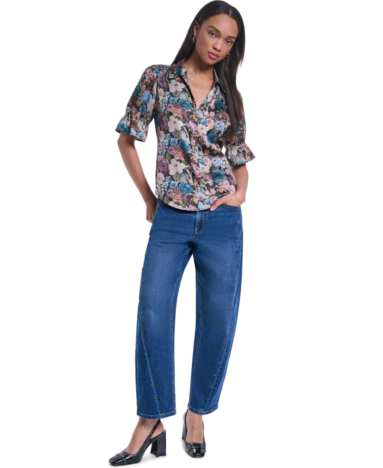 Women's Floral Brocade Print 3/4-Sleeve Button-Up Blouse