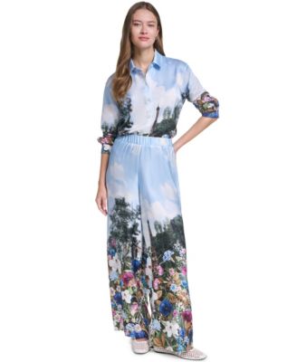 Women's Printed Collared Neck Blouse and Paris Scene Printed Pull-On Pants