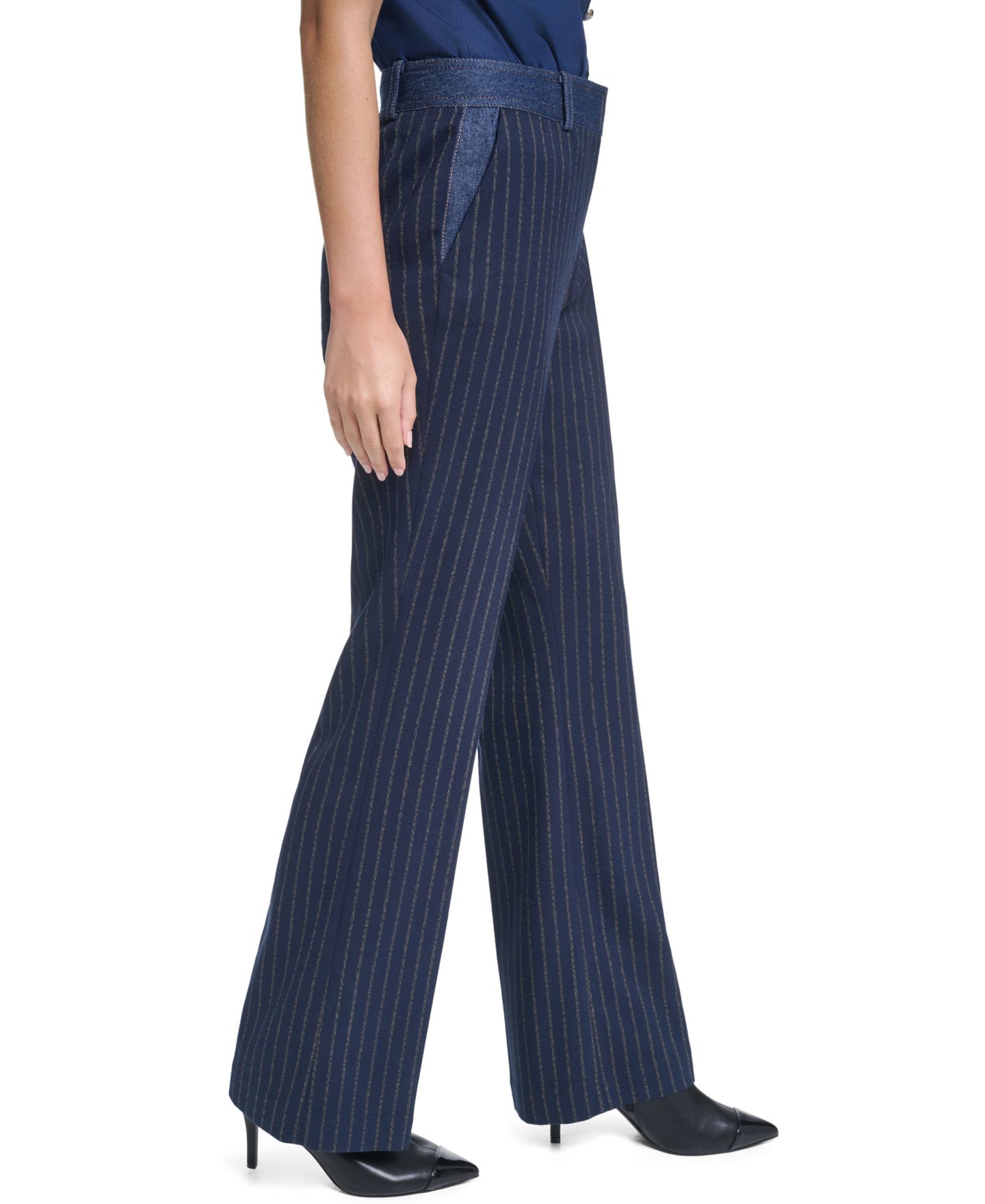 Женские брюки KARL LAGERFELD PARIS Striped Straight-Leg Denim Waistband, цвет: Тёмно-синий / Золотой — фото 3