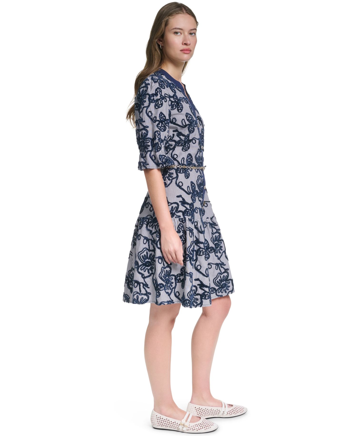 Women's Velvet Embroidery 3/4-Sleeve Chain Belt Dress