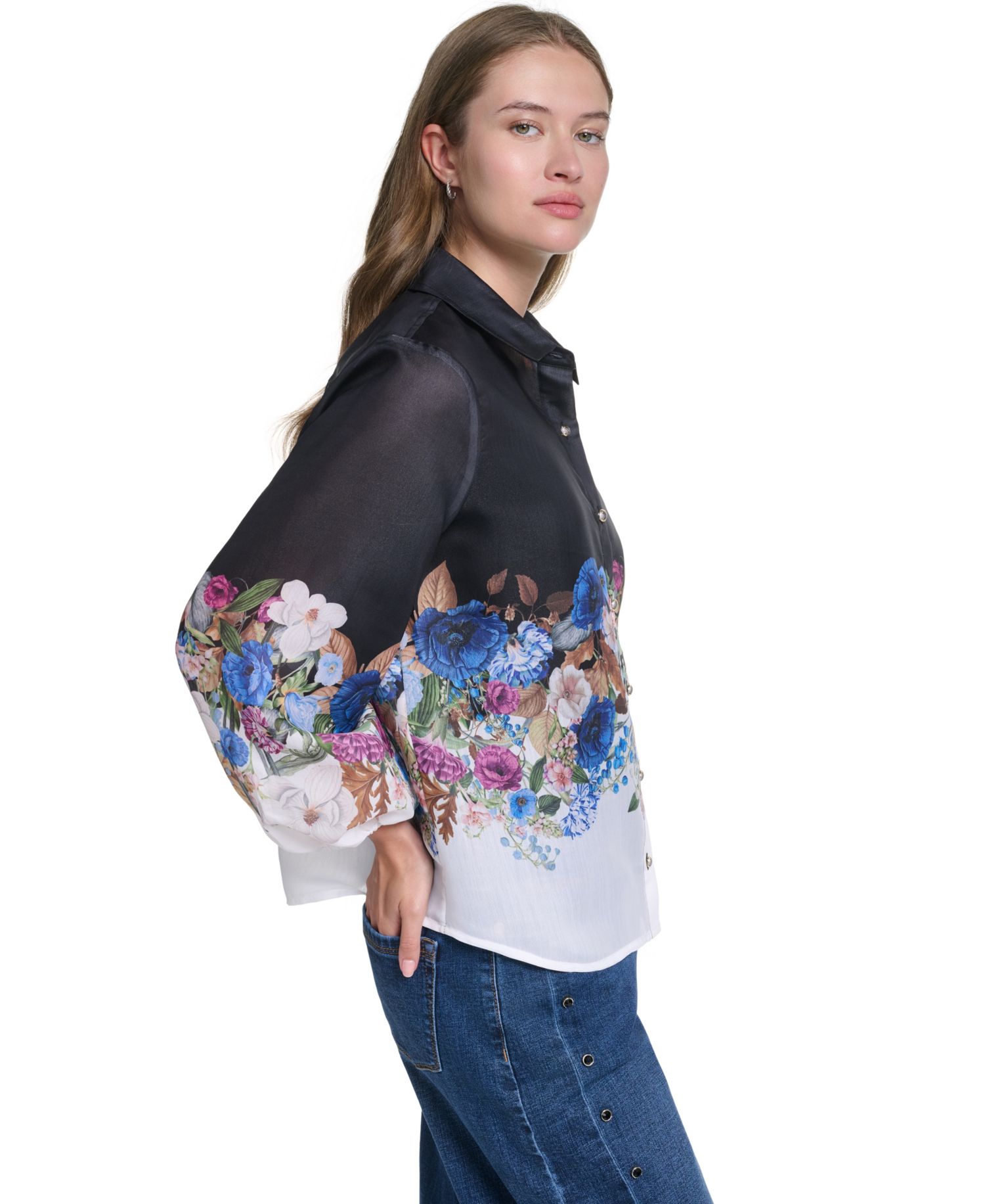 Women's Printed Organza Puff-Sleeve Blouse