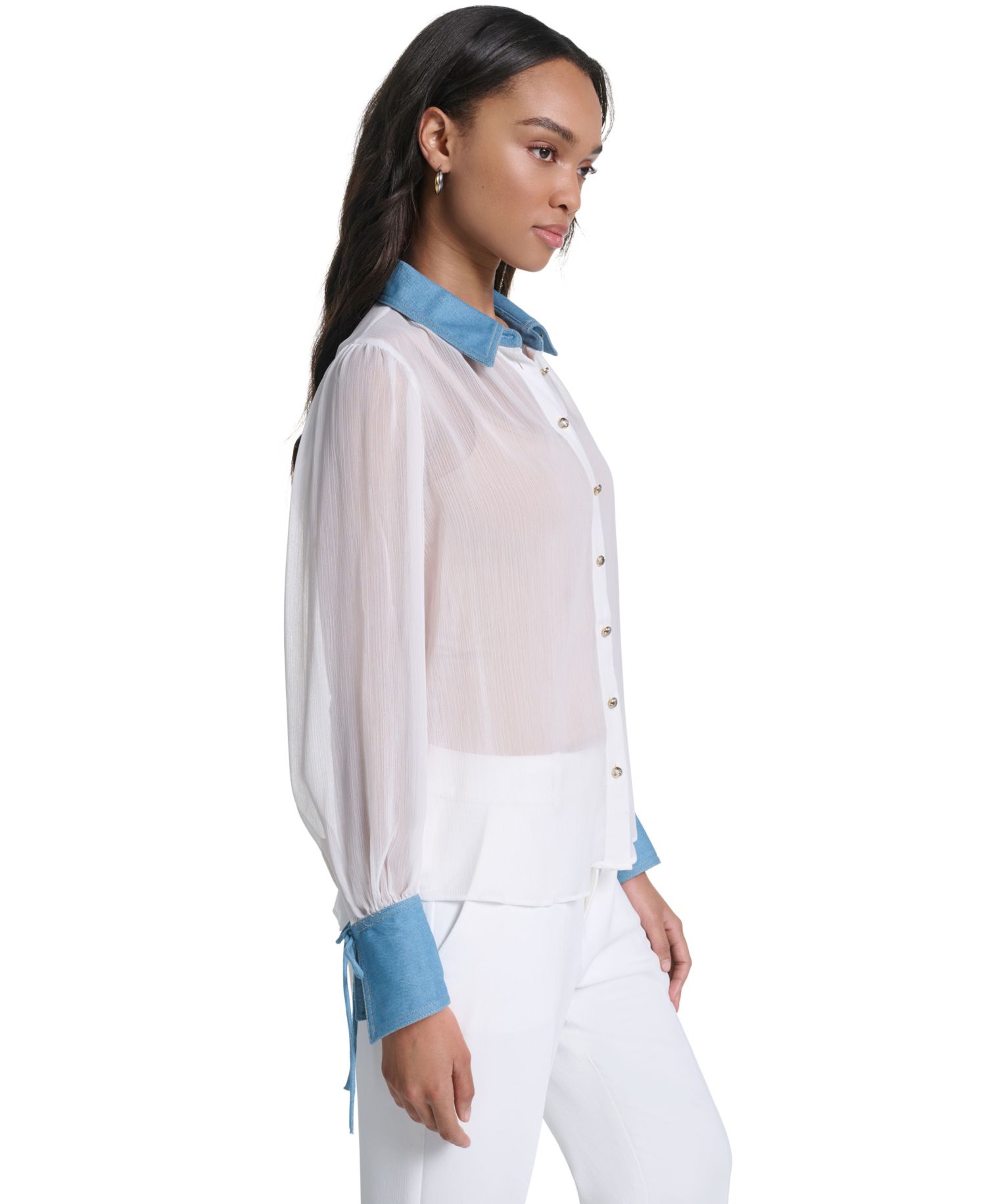 Petite Denim Collar and Cuff Crinkle Chiffon Button-Up Top