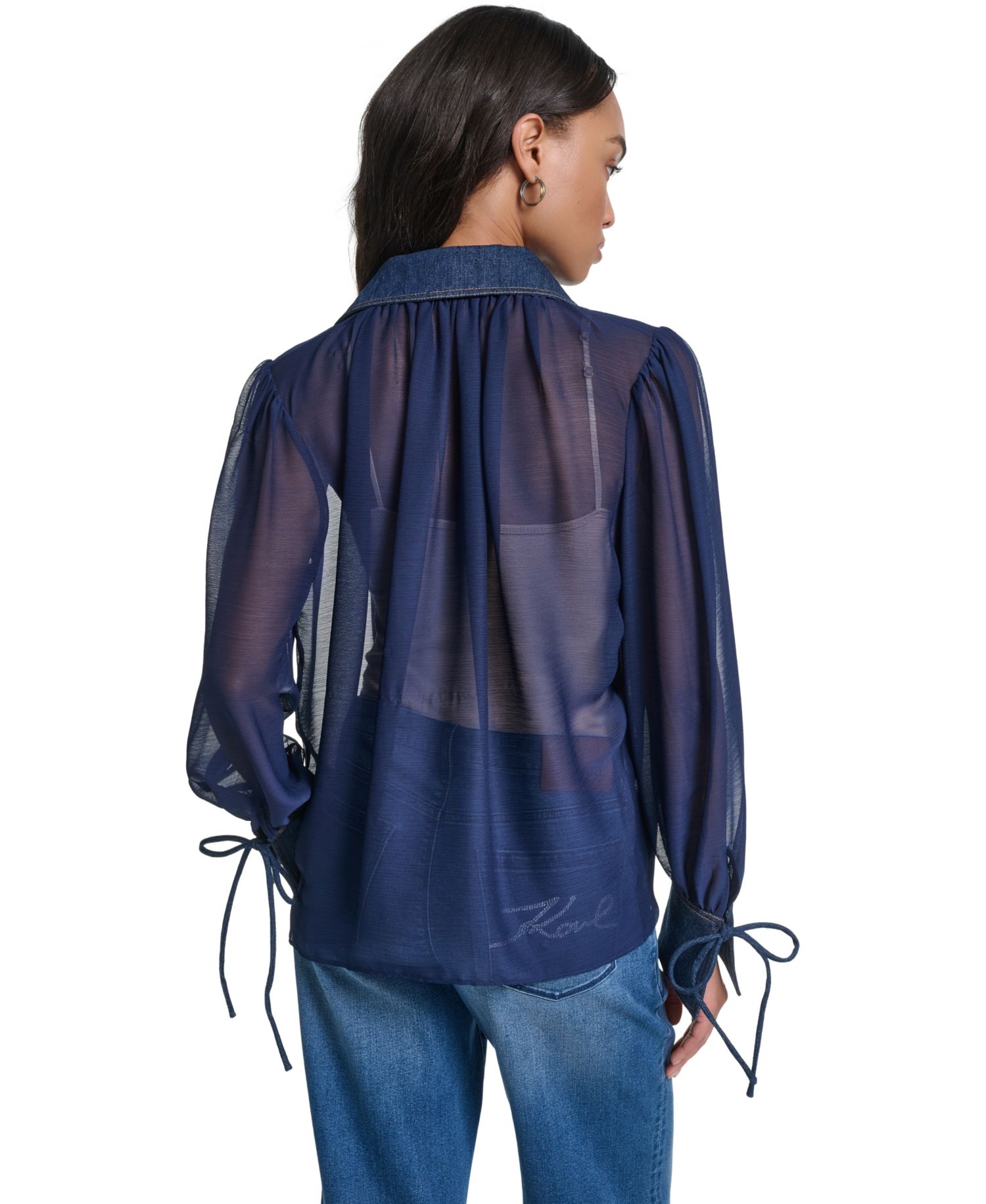 Petite Denim Collar and Cuff Crinkle Chiffon Button-Up Top