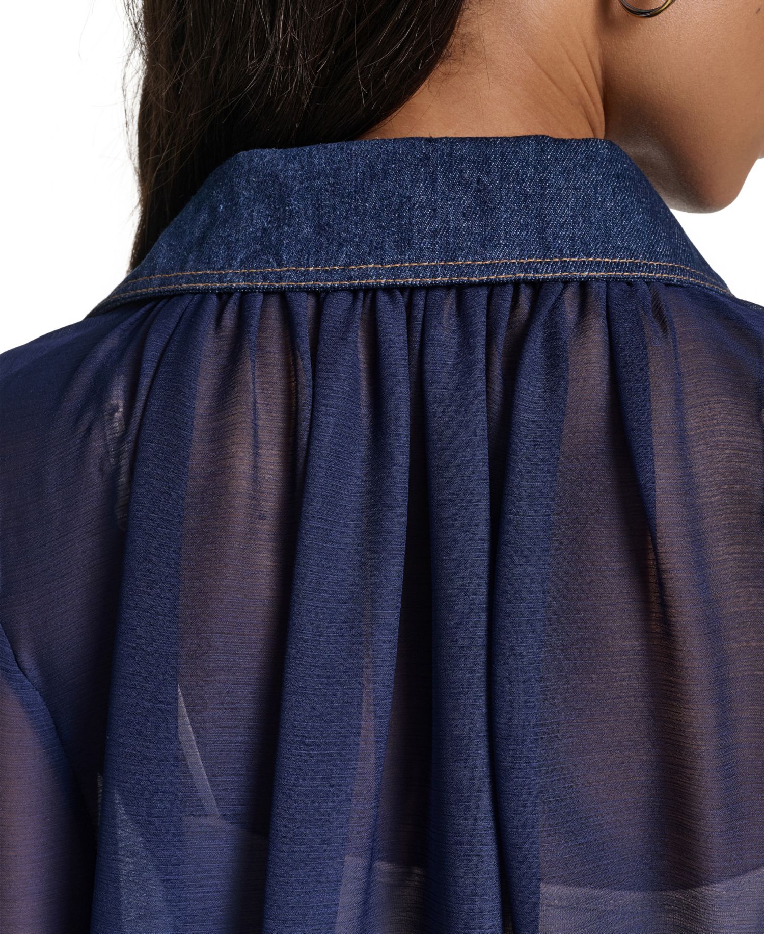 Petite Denim Collar and Cuff Crinkle Chiffon Button-Up Top
