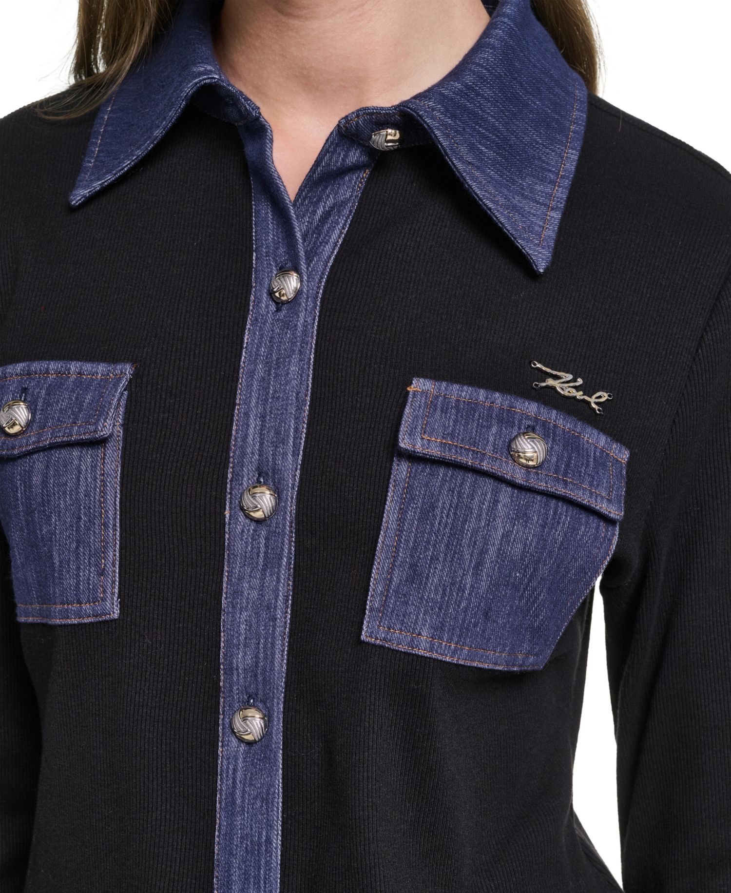 Women's Denim Collar and Cuffs Knit Button-Up Top