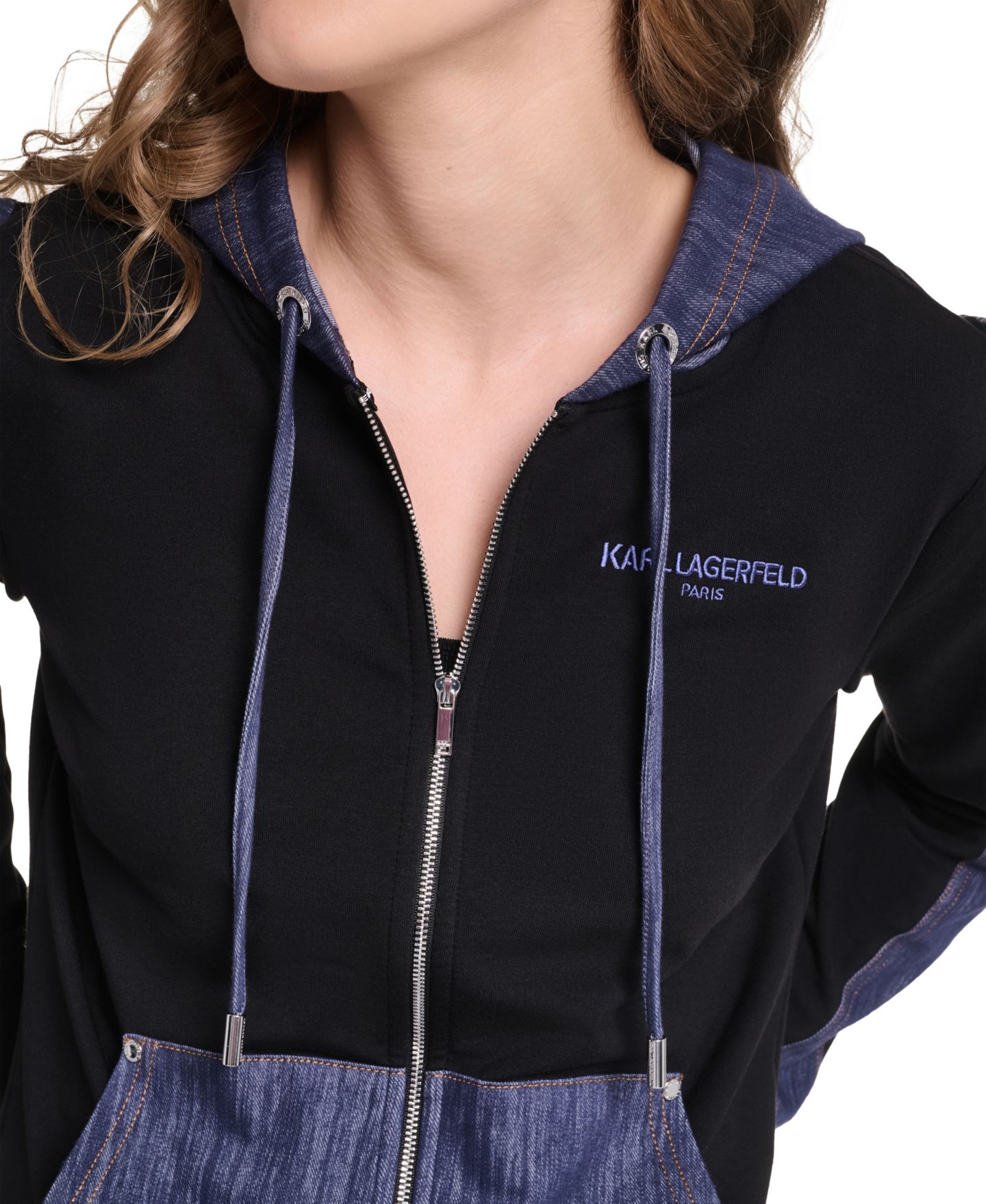 Женская куртка KARL LAGERFELD PARIS Zip-Up Denim-Contrast Hooded, цвет: Чёрный — фото 7