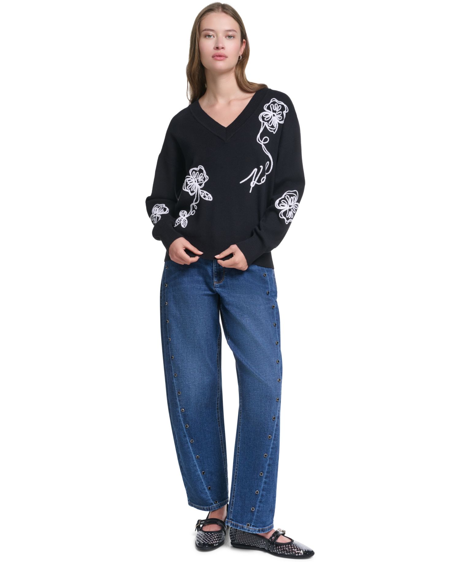 Women's Karl Floral Embroidery V-Neck Sweater