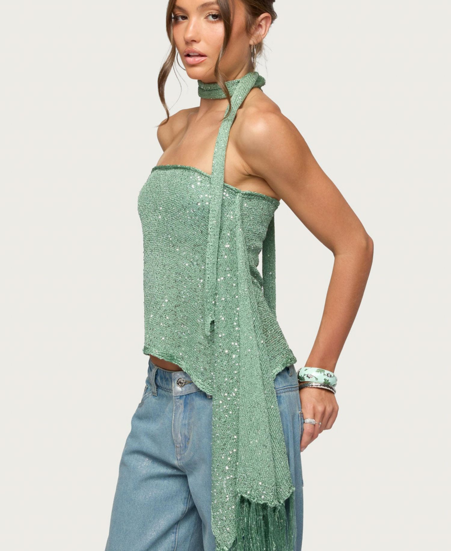 Women's Two-Piece Sequin Knit Scarf Top