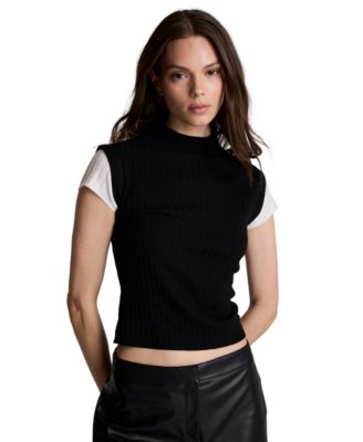 Women's Two-Tone Layered Ribbed Mock-Neck Sweater