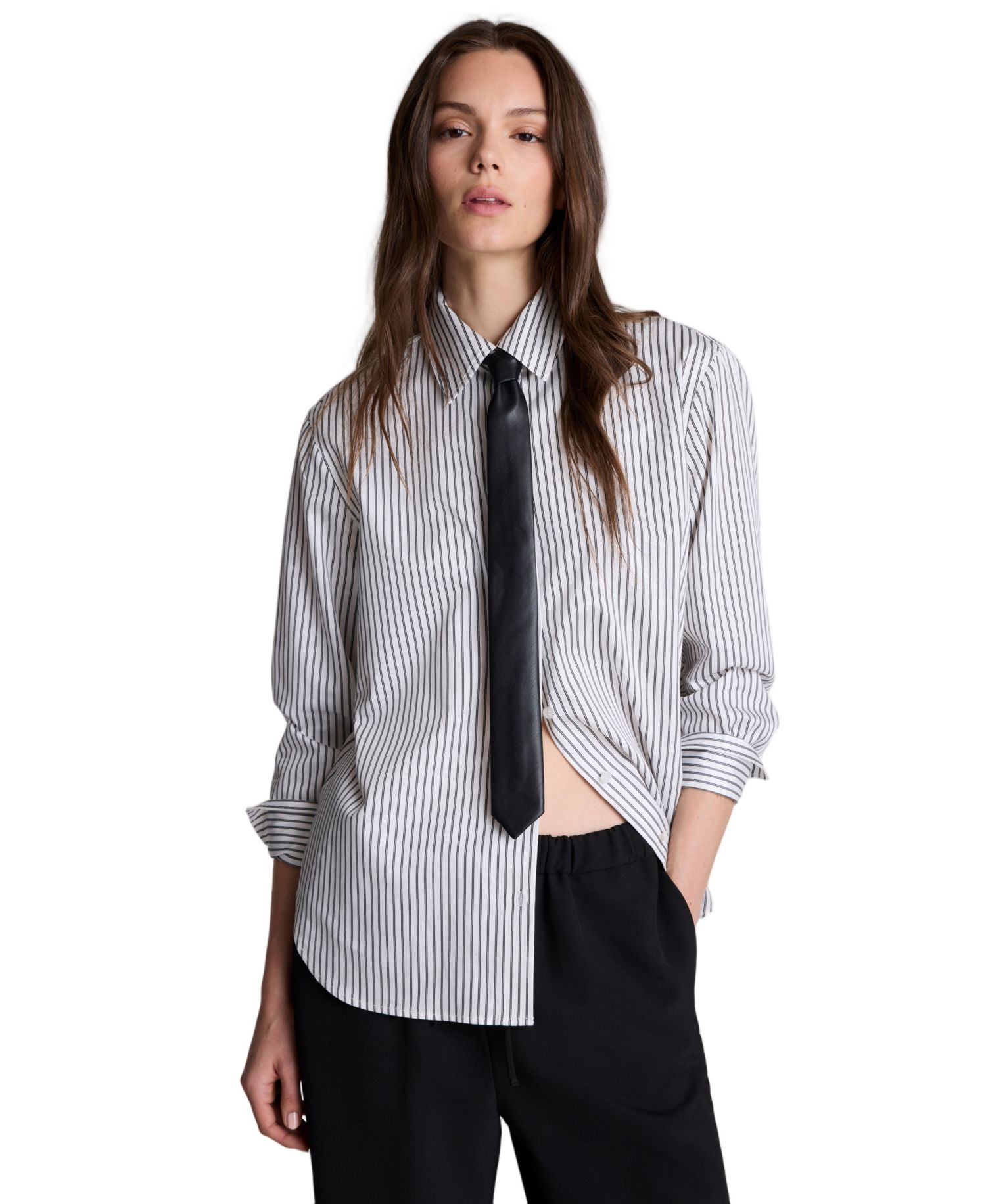 Women's Pinstripe Button Down Shirt with Faux Leather Tie
