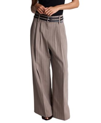 Women's High-Rise Double-Belt Pleated Wide-Leg Pants