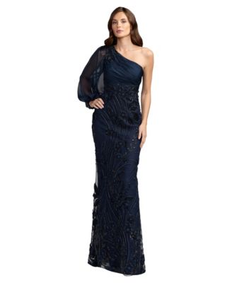 Petite One Shoulder Chiffon Gown with Embroidered Floral Skirt